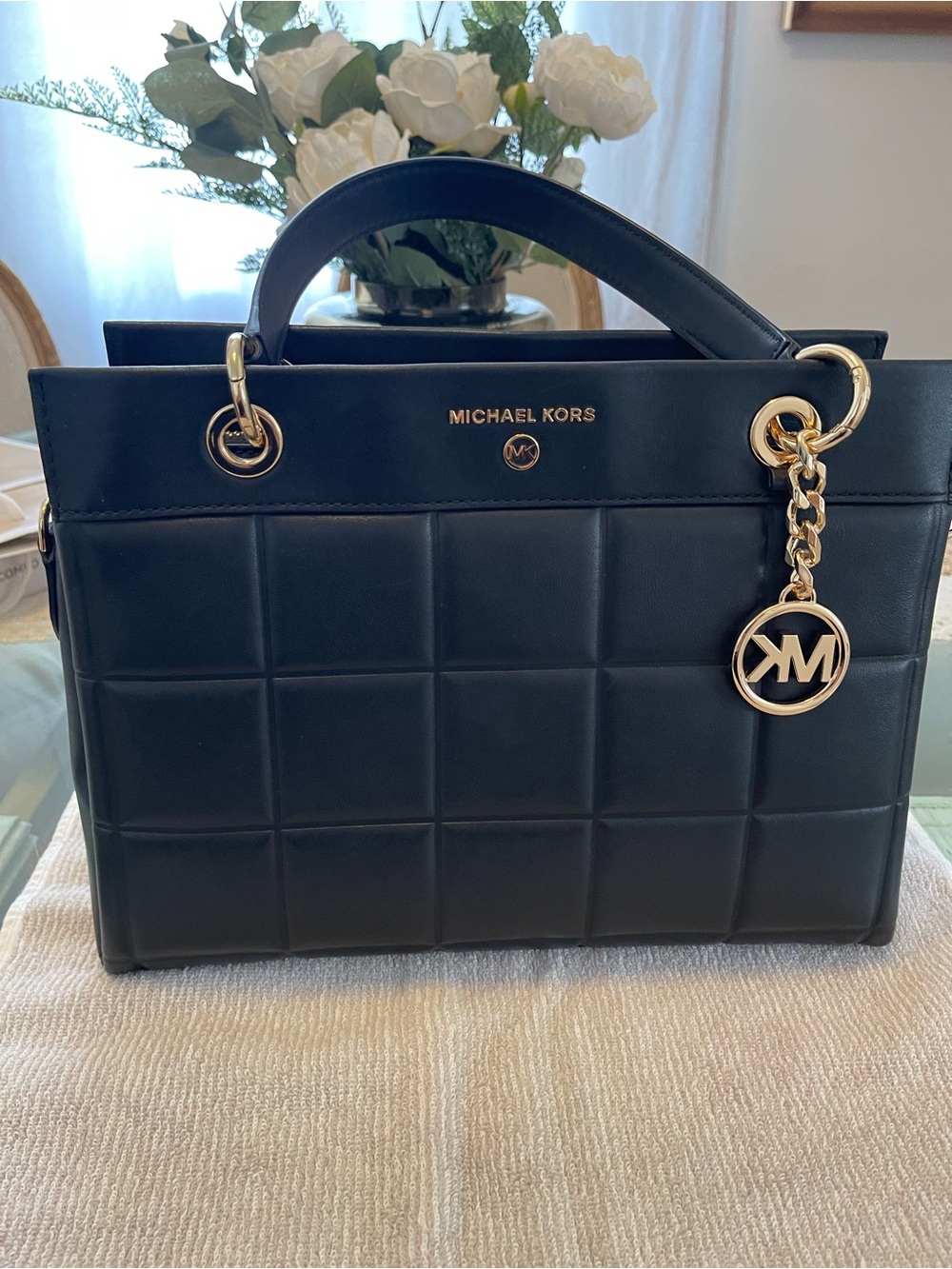 Michael Kors Black Quilted Leather Satchel with Gold Hardware